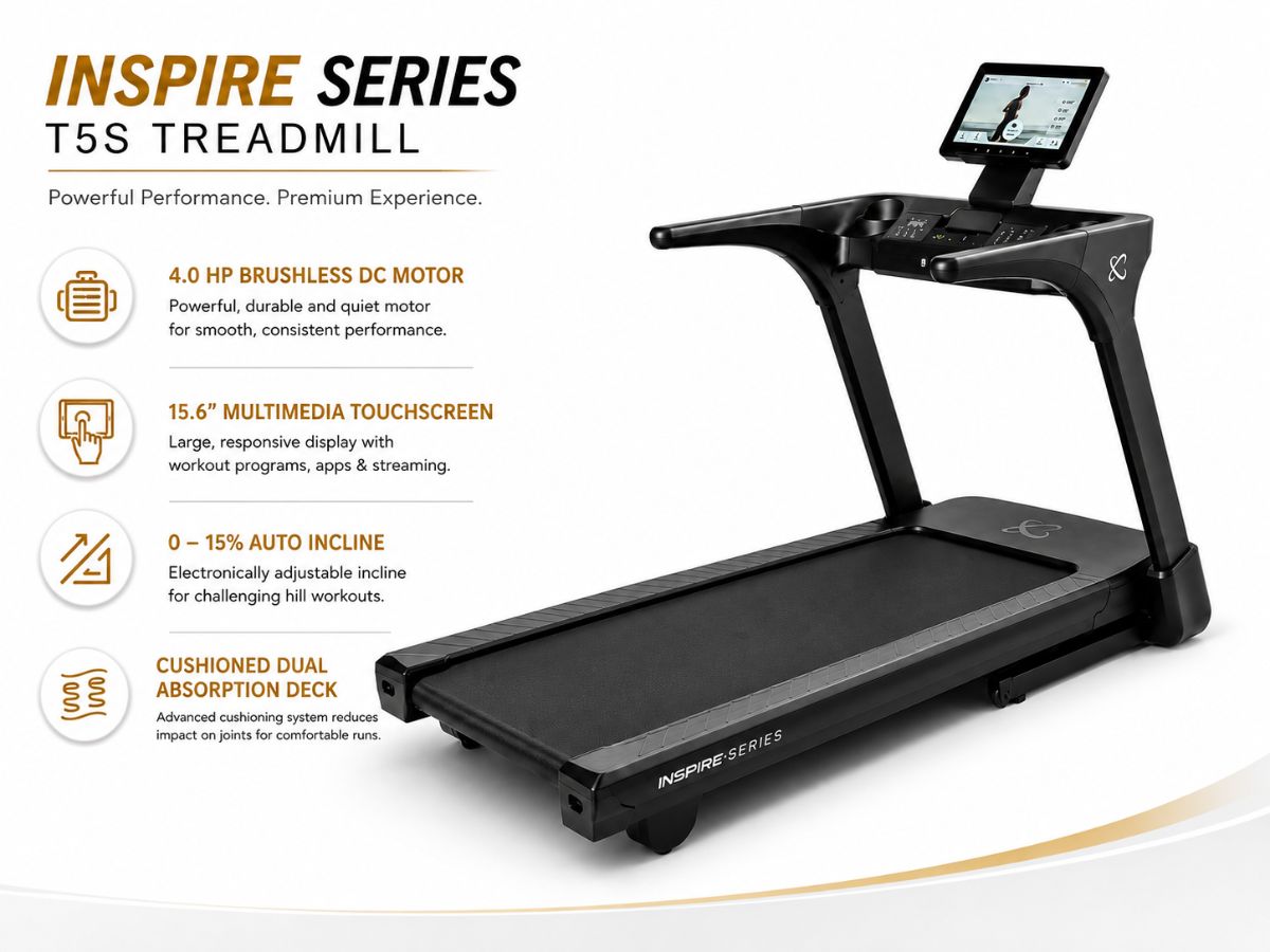 Inspire Series T5s Treadmill with 15.6 inch Touchscreen - 220V
