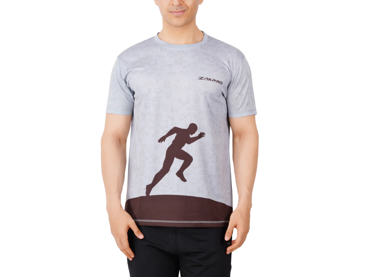 ZAKPRO Sports T-shirt for Men | Sports fit | Sports tee for men | Polyester Active Wear | Running | Gym workout wear | Stretchable Fabric - XL (Grey Run)