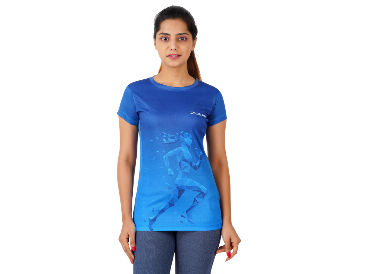 ZAKPRO Sports T-shirt for Women | Sports fit | Sports tee for women | Polyester Active Wear | Running | Gym workout wear | Stretchable Fabric - Large (Bluish Run)