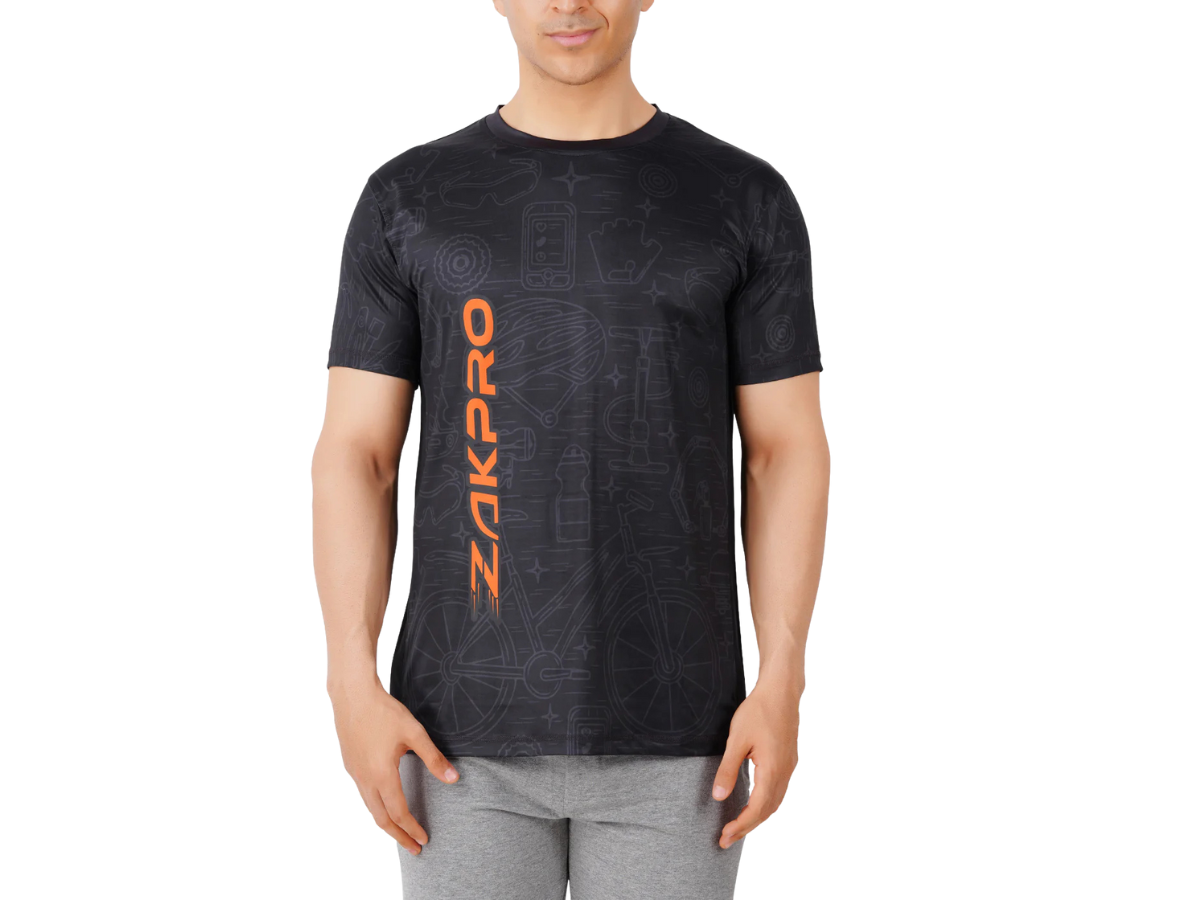 ZAKPRO Sports T-shirt for Men | Sports fit | Sports tee for men | Polyester Active Wear | Running | Gym workout wear | Stretchable Fabric - Medium (Tone Black)