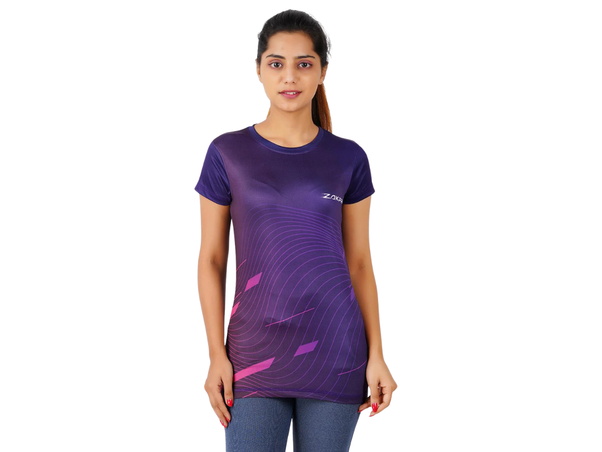 ZAKPRO Sports T-shirt for Women | Sports fit | Sports tee for women | Polyester Active Wear | Running | Gym workout wear | Stretchable Fabric - Large (Purple wave)