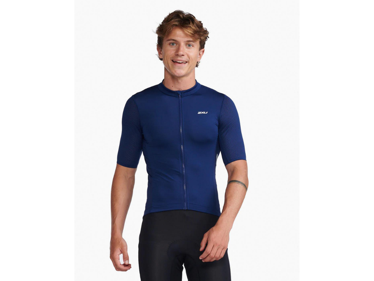 2XU Aero Cycle Short Sleeve Jersey - Medieval Blue-White Reflective