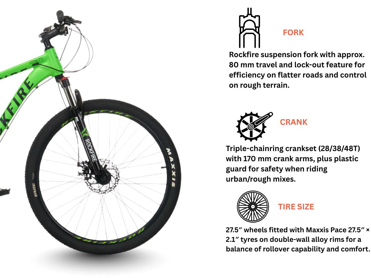 ROCKFIRE 27.5 ASCEND 21 SPD FS D/DISC BICYCLE GREEN BLACK