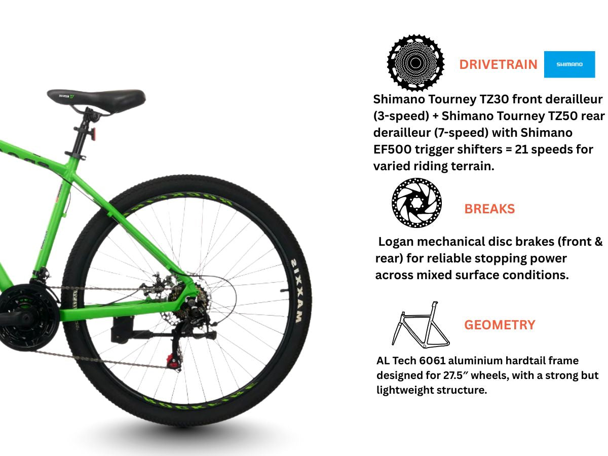 ROCKFIRE 27.5 ASCEND 21 SPD FS D/DISC BICYCLE GREEN BLACK