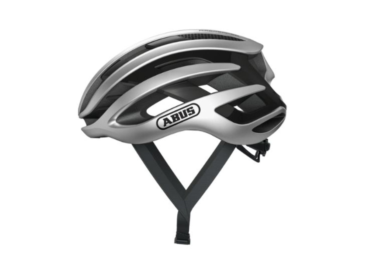 "ABUS AirBreaker helmet silver white â€“ lightweight aerodynamic road cycling helmet for professional performance"

