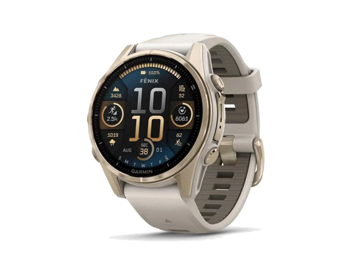 Garmin Fenix 8 - 43mm, Saph Soft Gold with Fog Grey/Dark Sandstone Silicone Band (AMOLED)