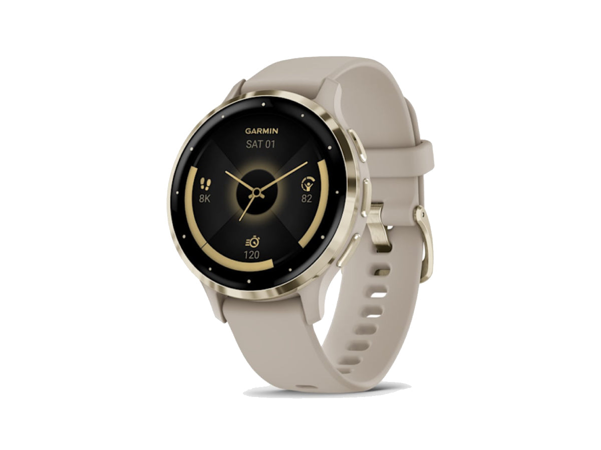 Garmin Venu 3S - Soft Gold With French Gray Case and Leather Band
