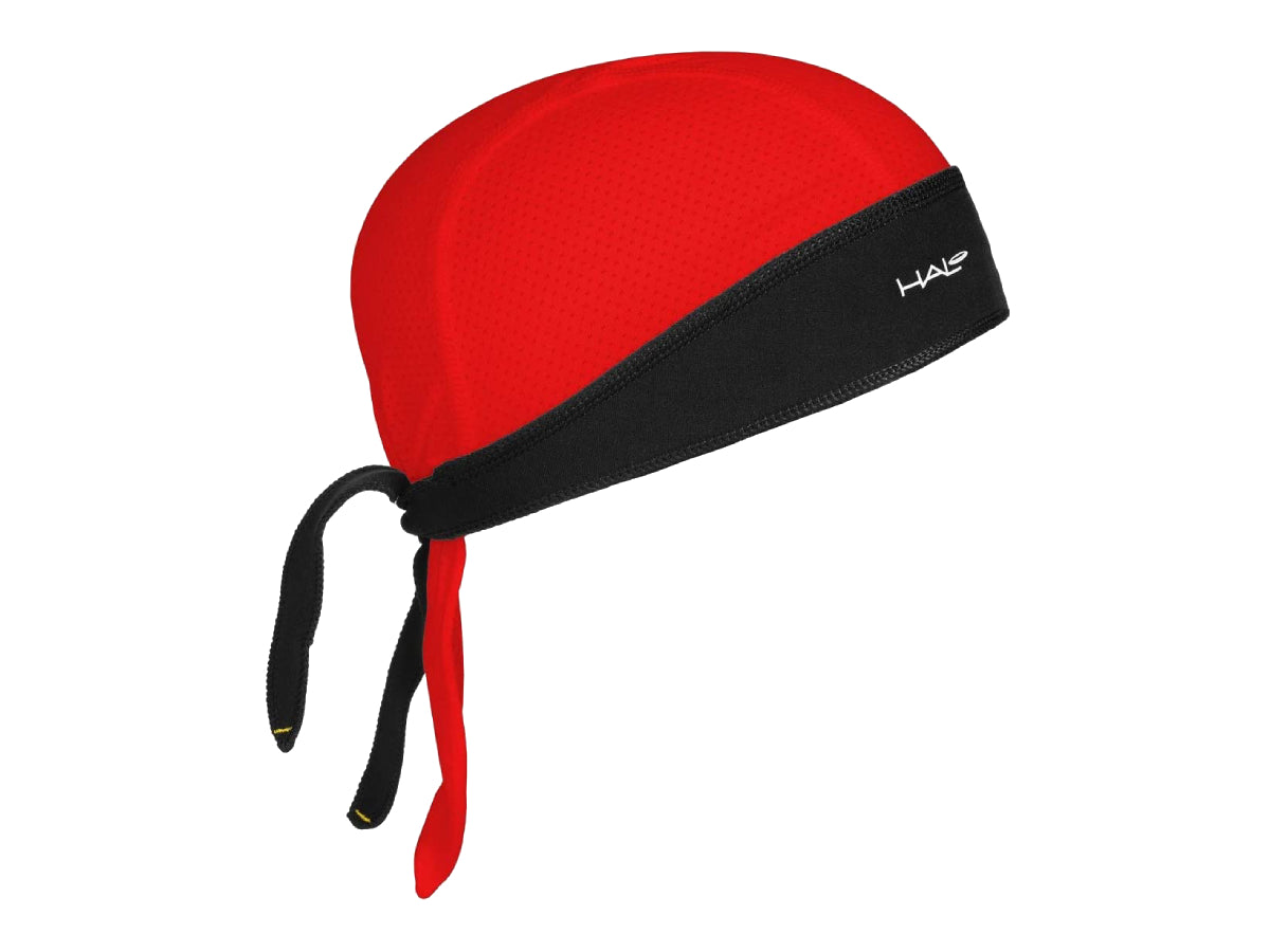 “Halo Protex bandana in red – moisture-wicking, sun-protective cycling headwear”








