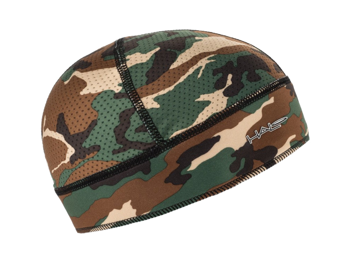 "Halo Skull Cap camo green – breathable, sweat-blocking helmet liner with camouflage pattern for cycling and running"








