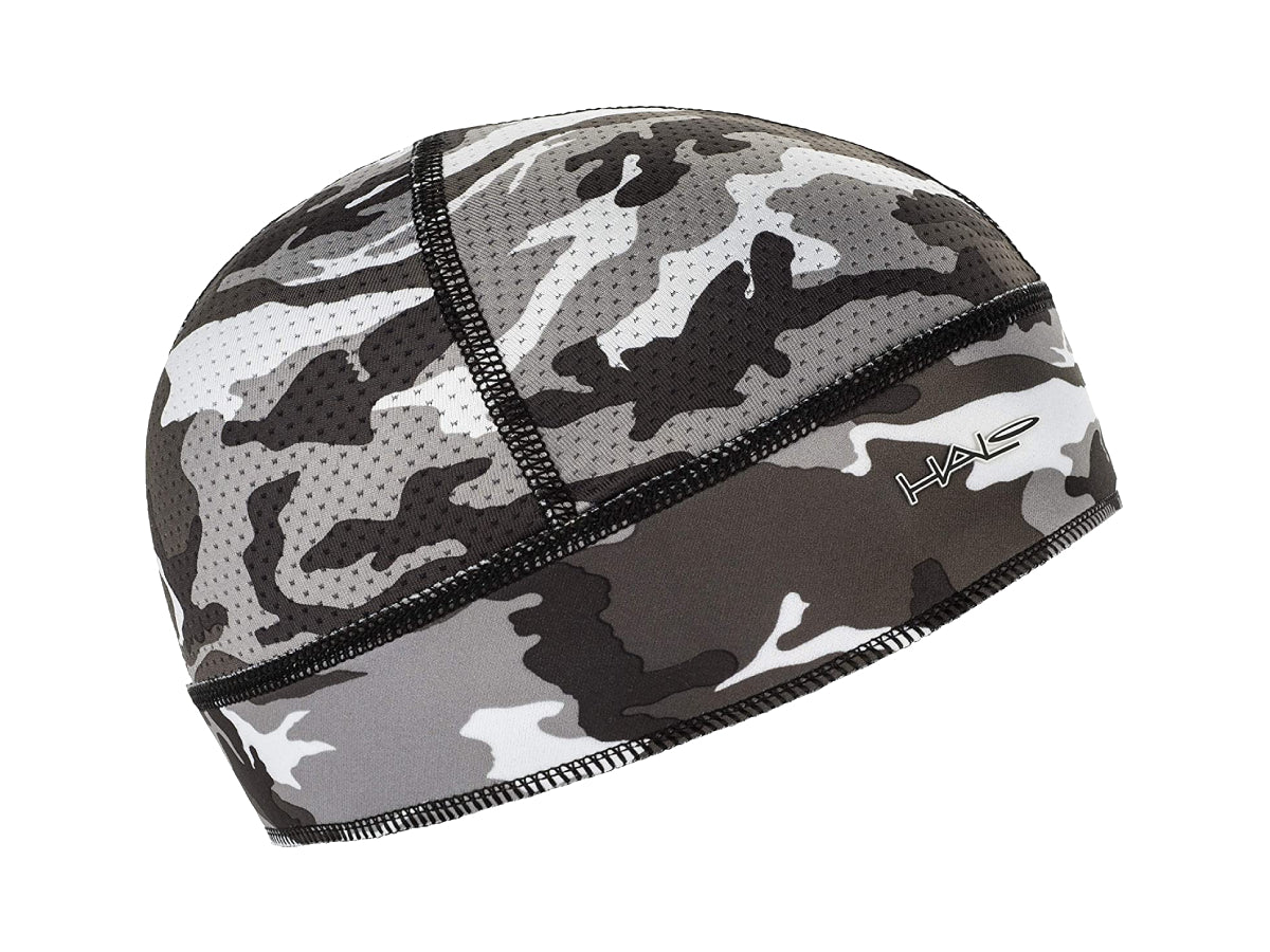 "Halo Skull Cap camo grey – moisture-wicking under-helmet cap for cyclists and runners with camouflage design"








