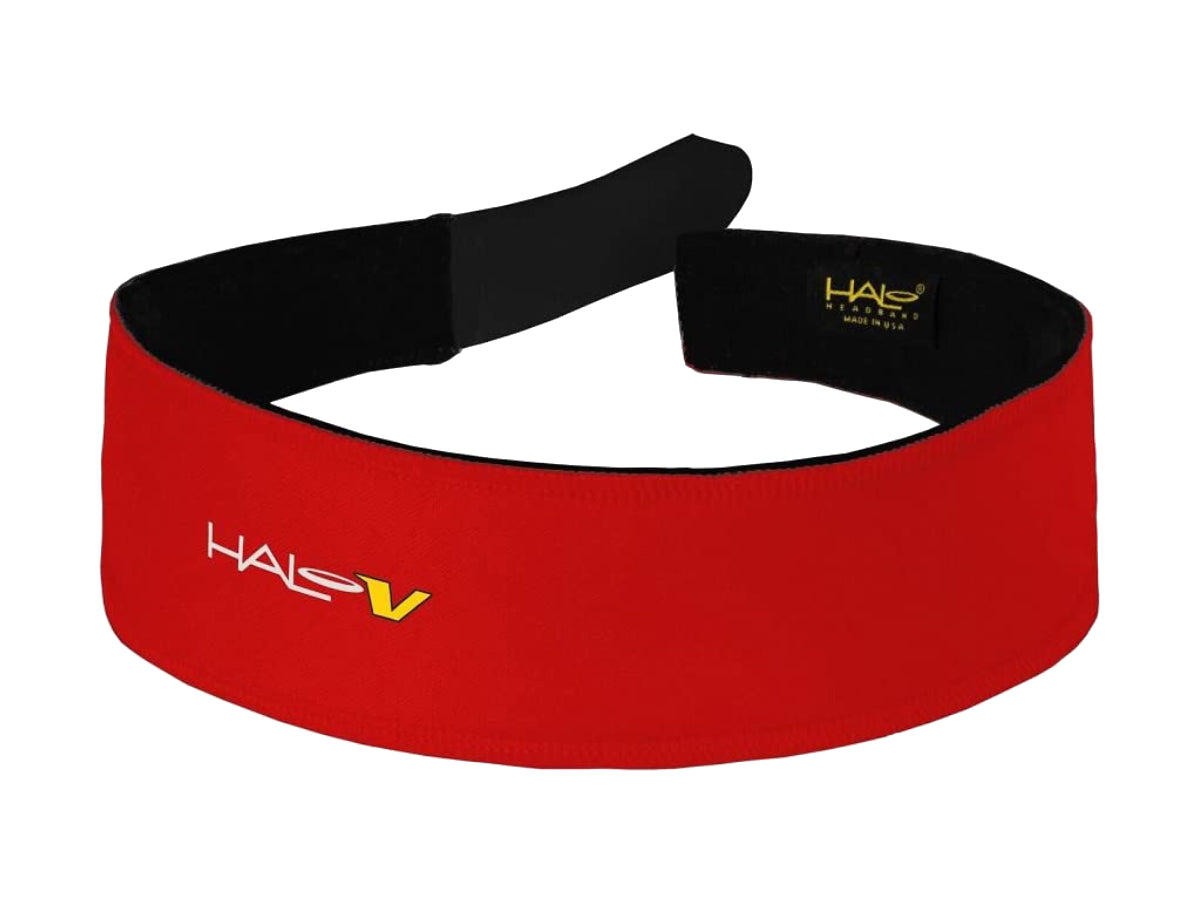 &quot;Halo V Velcro adjustable headband 2-inch wide red – customizable moisture-wicking headband for effective sweat management&quot;

