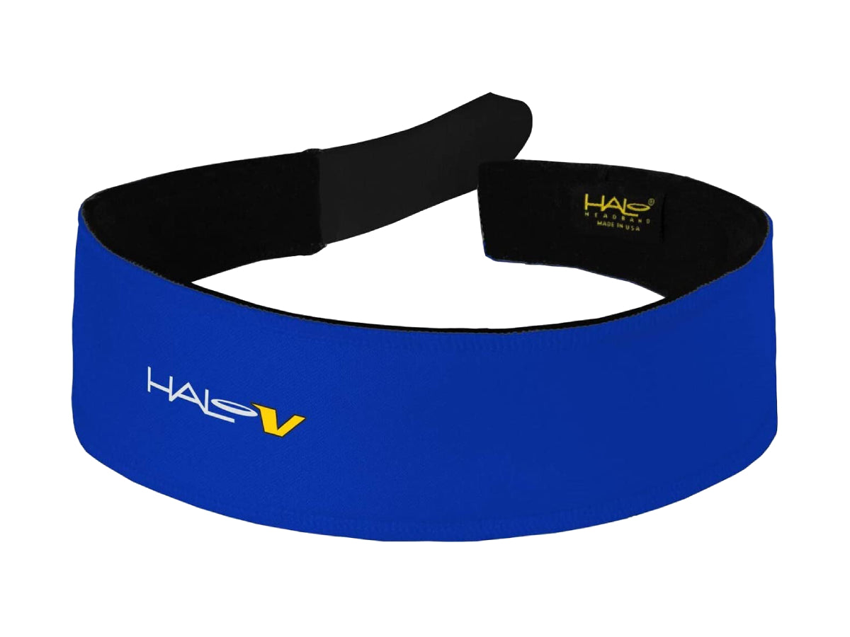 "Halo V Velcro adjustable headband 2-inch wide royal blue – customizable moisture-wicking headband for superior sweat control"

