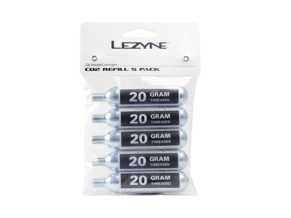"Lezyne 20g CO2 Cartridge 5-Piece Pack for quick and efficient bicycle tire inflation on the go"







