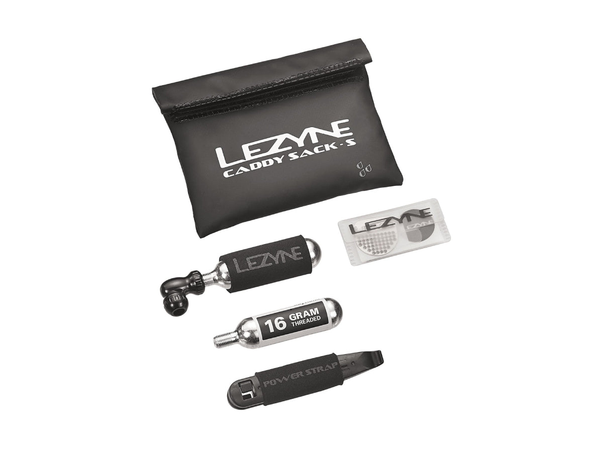 "Lezyne Caddy Kit Tyre Repair and CO2 Inflator Kit with tools and cartridges for fast bike tire repairs"







