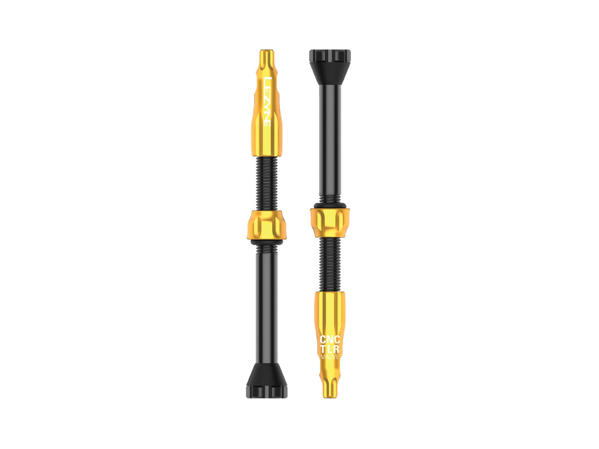 "Lezyne CNC TLR Tubeless Valve 60mm Pack of 2 in gold, precision-machined aluminum valves for tubeless bike tires"







