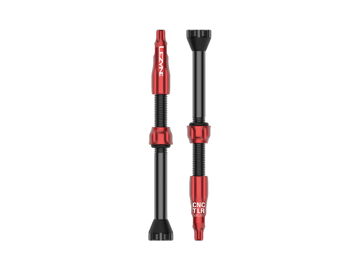 "Lezyne CNC TLR Tubeless Valve 60mm Pack of 2 in red, precision-machined aluminum valves for tubeless bike tires"







