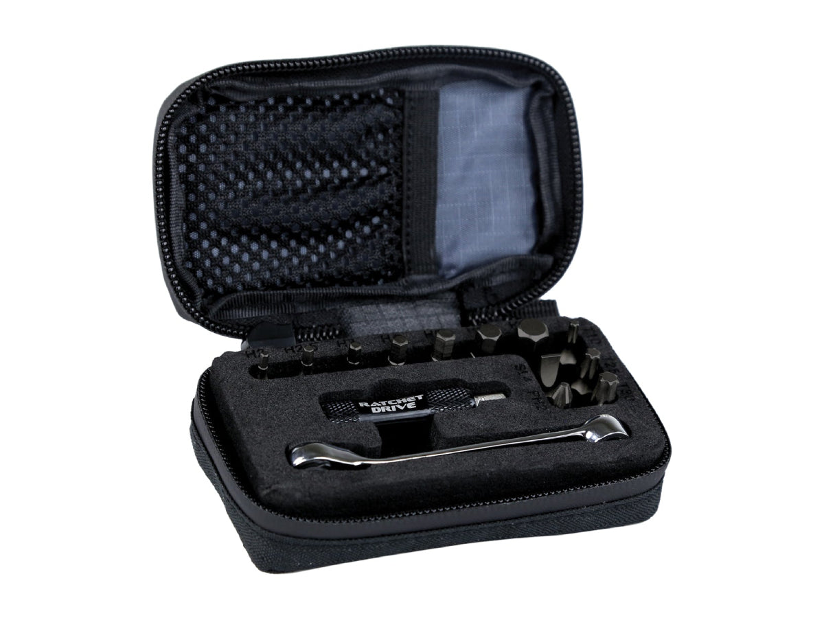 "Lezyne Ratchet Kit with magnetic bit holder and hardened steel bits for precise bicycle repairs"

